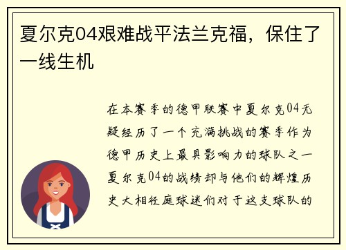 夏尔克04艰难战平法兰克福，保住了一线生机