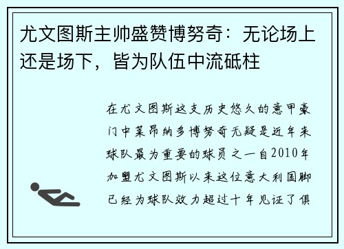 尤文图斯主帅盛赞博努奇：无论场上还是场下，皆为队伍中流砥柱