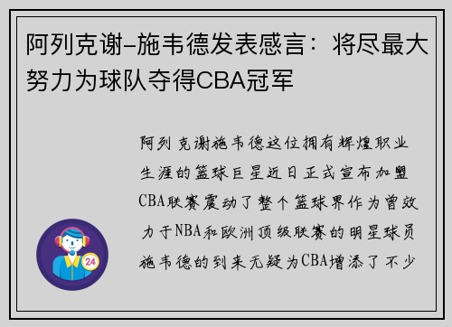 阿列克谢-施韦德发表感言：将尽最大努力为球队夺得CBA冠军