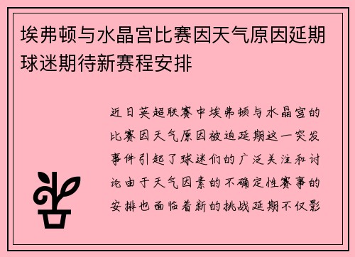 埃弗顿与水晶宫比赛因天气原因延期球迷期待新赛程安排